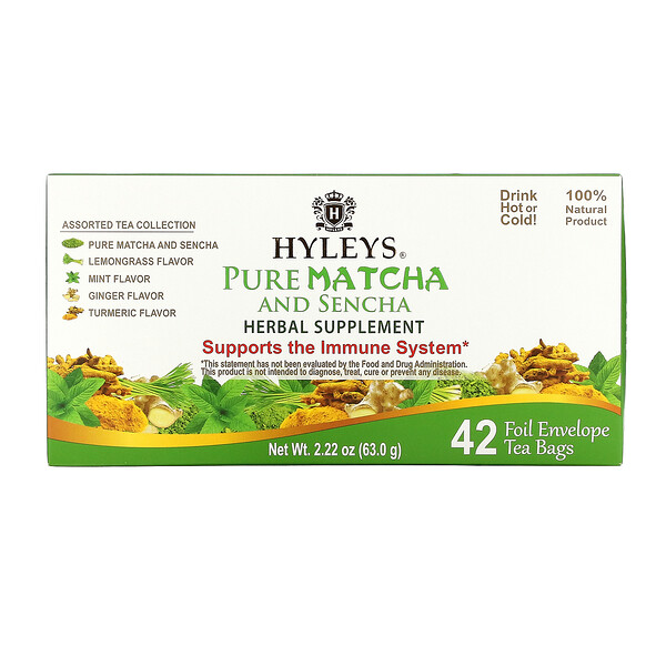 Pure Matcha And Sencha Herbal Supplement, Сбор чая в ассортименте, 42 чайных пакетика в фольгированных конвертах, по 0,05 унции (1,5 г) каждый Hyleys Tea