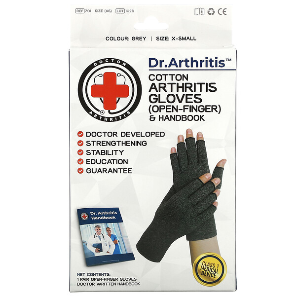Хлопковые перчатки с открытыми пальцами и руководство по лечению артрита, X-Small, серые, 1 пара Doctor Arthritis