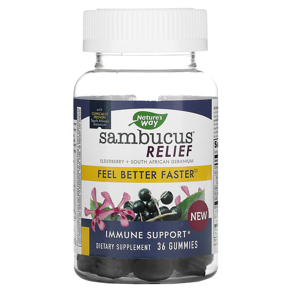 Sambucus Relief, Поддержка иммунитета, бузина + южноафриканская герань, 36 жевательных таблеток Nature's Way