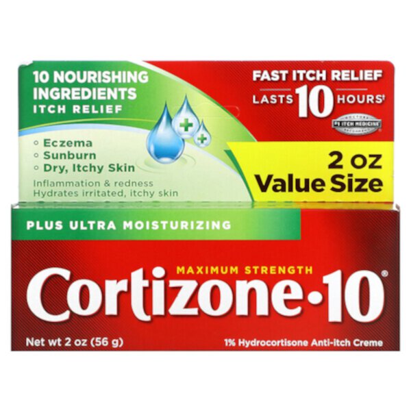 Крем против зуда с 1% гидрокортизоном, плюс ультраувлажнение, максимальная сила, 2 унции (56 г) Cortizone 10