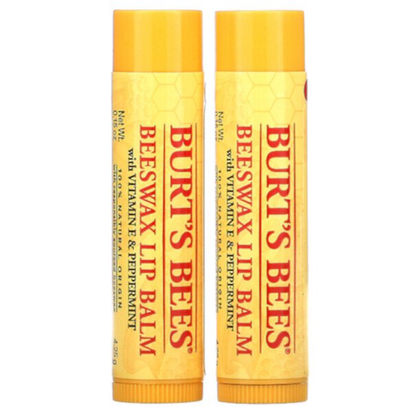 Бальзам для губ с пчелиным воском, с витамином Е и перечной мятой, 2 упаковки по 0,15 унции (4,25 г) каждая BURT'S BEES