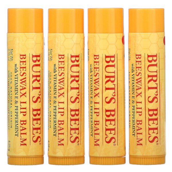 Бальзам для губ с пчелиным воском, витамином Е и мятой, 4 упаковки по 0,15 унции (4,25 г) каждая BURT'S BEES