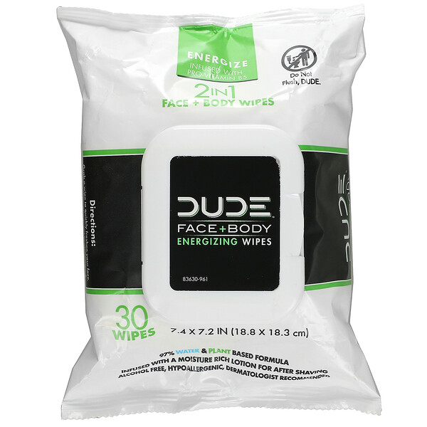Энергетические салфетки для лица и тела, 30 салфеток Dude Products