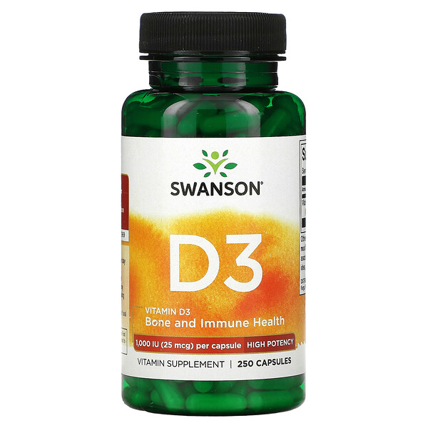 Витамин D3, Высокая активность, 25 мкг (1000 МЕ), 250 капсул - Swanson Swanson