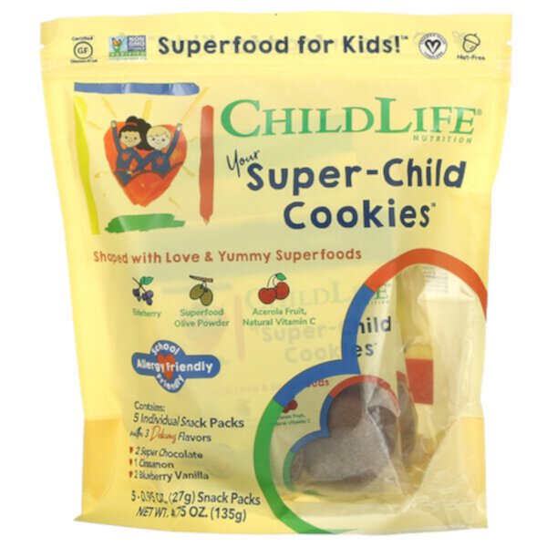 Your Super-Child Cookies, Ассорти вкусов, 5 упаковок для закусок, по 0,95 унции (27 г) каждая ChildLife