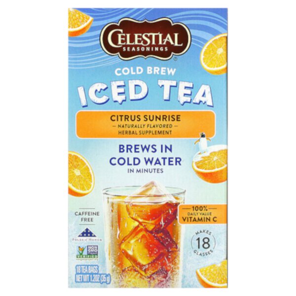 Чай со льдом Cold Brew, Citrus Sunrise, без кофеина, 18 чайных пакетиков, 1,2 унции (35 г) Celestial Seasonings