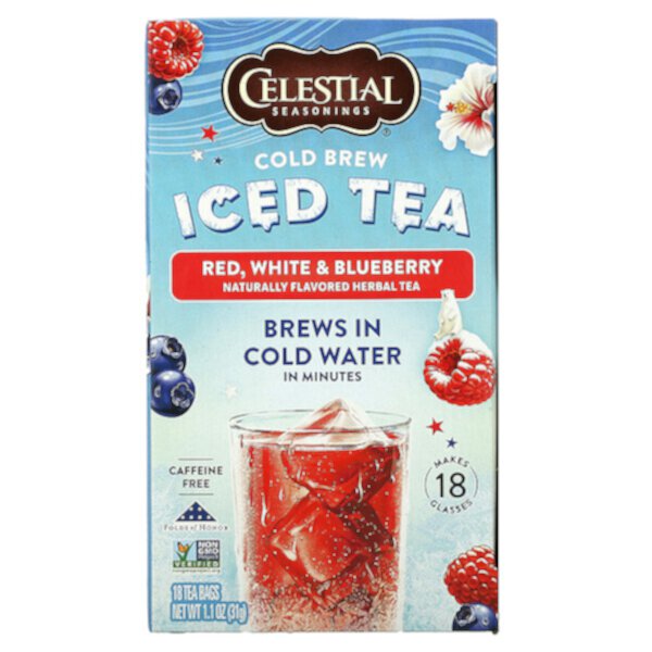 Холодный чай со льдом, красный, белый и черничный, без кофеина, 18 чайных пакетиков, 1,1 унции (31 г) Celestial Seasonings