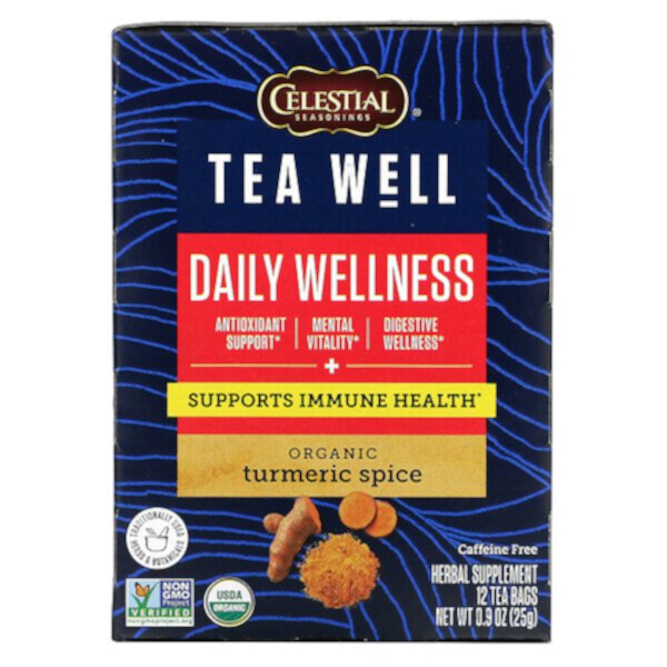 Herbal Tea, Daily Wellness, органическая приправа с куркумой, без кофеина, 12 чайных пакетиков по 0,07 унции (2,2 г) каждый Celestial Seasonings