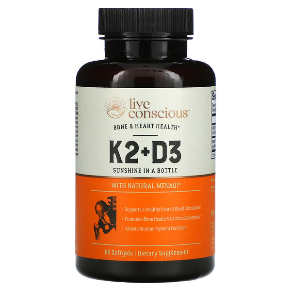 K2+D3, Здоровье костей и сердца, 60 мягких таблеток Live Conscious
