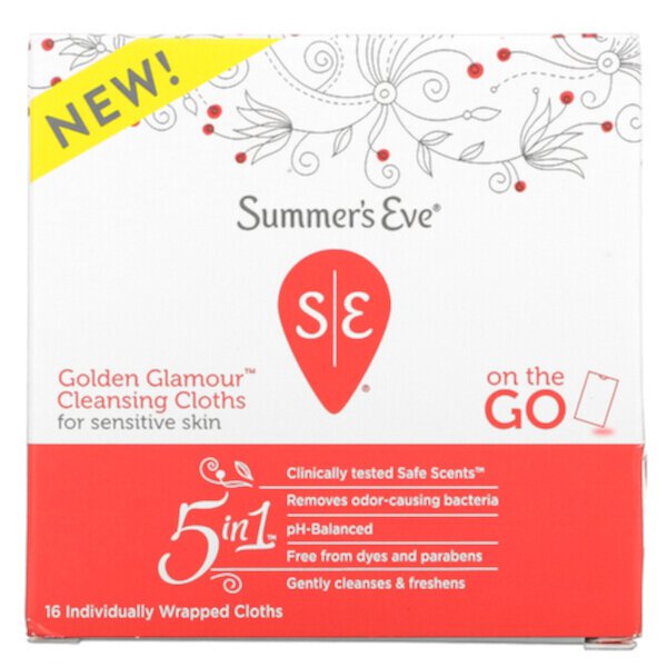 Очищающие салфетки Golden Glamour 5 в 1, на ходу, 16 салфеток в индивидуальной упаковке Summer's Eve