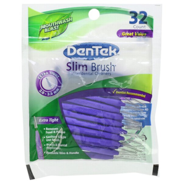 Slim Brush Interdental Cleaners, Extra Tight, Blast для полоскания рта, 32 шт. DenTek