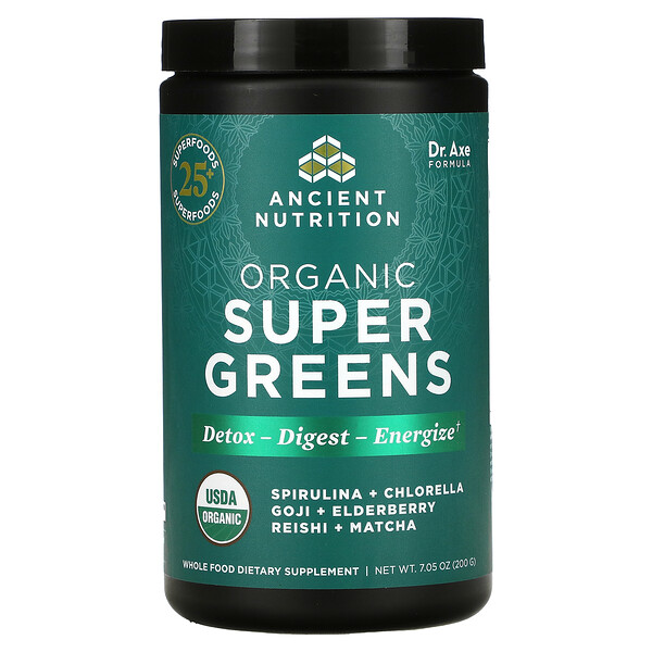 Органическая супер зелень, 7,05 унций (200 г) Dr. Axe / Ancient Nutrition