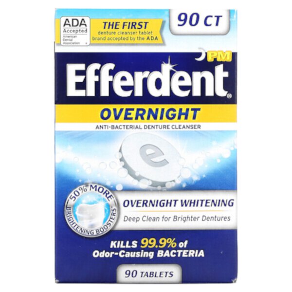 Антибактериальное очищающее средство для зубных протезов, ночное отбеливание, 90 таблеток Efferdent