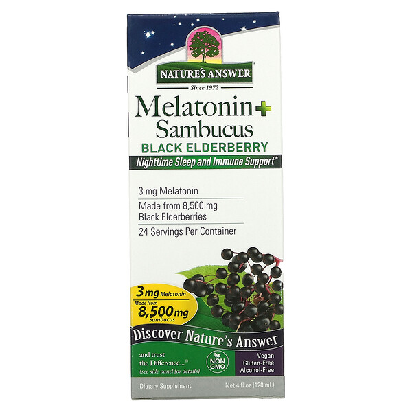 Melatonin Sambucus, ночной сон и поддержка иммунитета, 4 жидких унции (120 мл) Nature's Answer