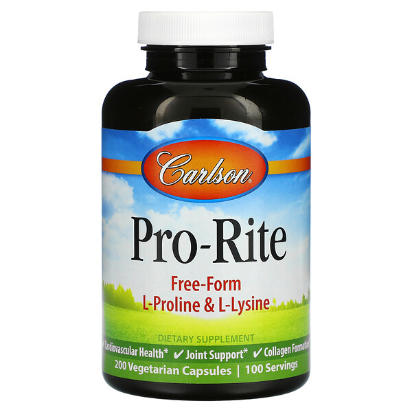 Pro-Rite, L-пролин и L-лизин в свободной форме, 200 вегетарианских капсул Carlson Labs