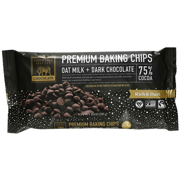 Premium Baking Chips, Oat Milk + Dark Chocolate, 75% Cocoa, 10 oz (285 g) Endangered Species