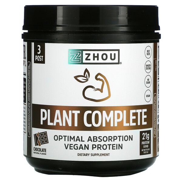Plant Complete, Веганский белок с оптимальным усвоением, шоколад, 19,9 унций (563,2 г) Zhou Nutrition
