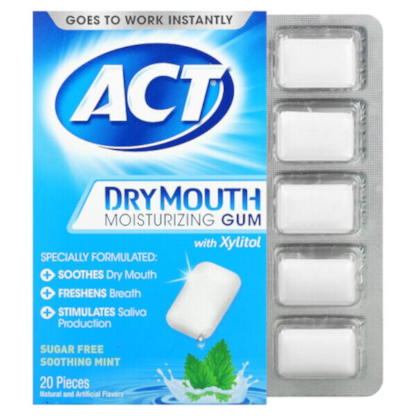 Увлажняющая жевательная резинка для сухости во рту с ксилитом, без сахара, успокаивающая мята, 20 штук Act