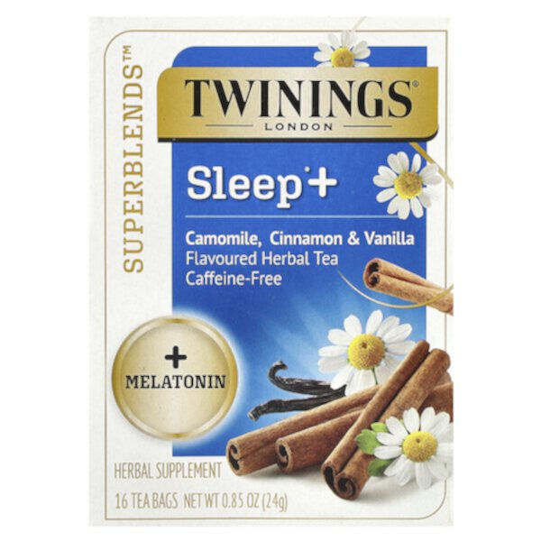 Sleep+ with Melatonin Herbal Tea, Camomile, Cinnamon & Vanilla, Caffeine Free, 16 Tea Bags, 0.85 oz (24 g) Twinings