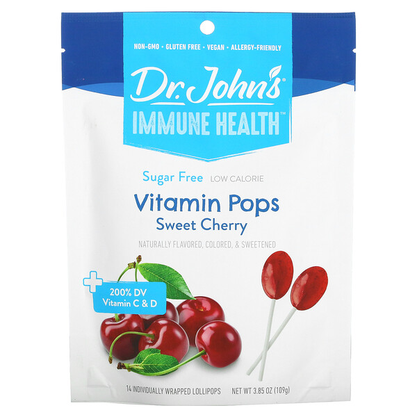 Immune Health, Витаминные леденцы, + 200% суточной нормы витамина C и D, черешня, без сахара, 14 леденцов в индивидуальной упаковке, 3,85 унции (109 г) Dr. John's Healthy Sweets