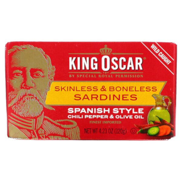 Сардины без кожи и костей, перец чили по-испански и оливковое масло, 4,23 унции (120 г) King Oscar