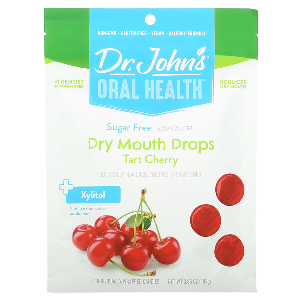Oral Health, Леденцы от сухости во рту, + ксилит, терпкая вишня, без сахара, 24 конфеты в индивидуальной упаковке, 3,85 унции (109 г) Dr. John's Healthy Sweets