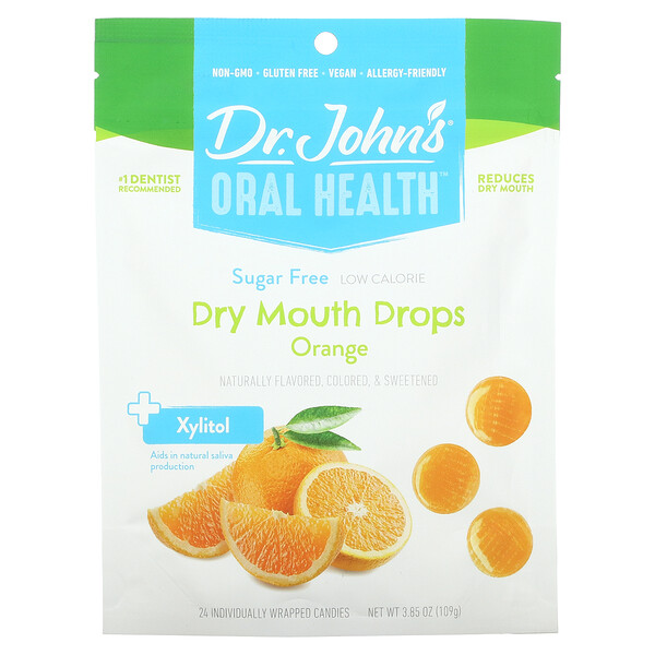Oral Health, Капли от сухости во рту, + ксилит, апельсин, без сахара, 24 конфеты в индивидуальной упаковке. 3,85 унции (109 г) Dr. John's Healthy Sweets