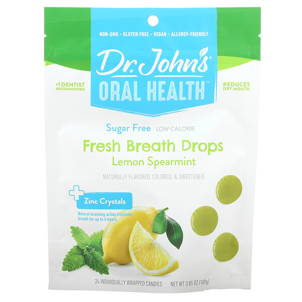 Oral Health, Капли для свежего дыхания, + кристаллы цинка, лимонная мята, без сахара, 24 конфеты в индивидуальной упаковке, 3,85 унции (109 г) Dr. John's Healthy Sweets