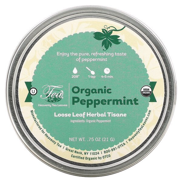 Loose Leaf Herbal Tea Tisane Tea Tin, органическая перечная мята, 0,75 унции (21 г) Heavenly Tea Leaves