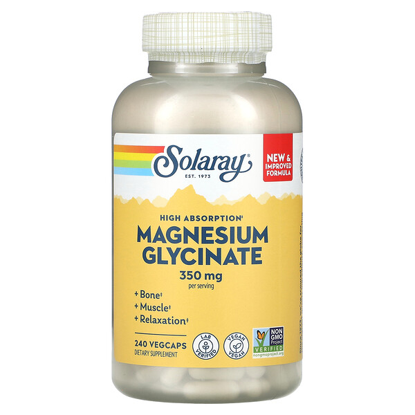 Глицинат магния с более высокой абсорбцией, 350 мг, 240 растительных капсул Solaray