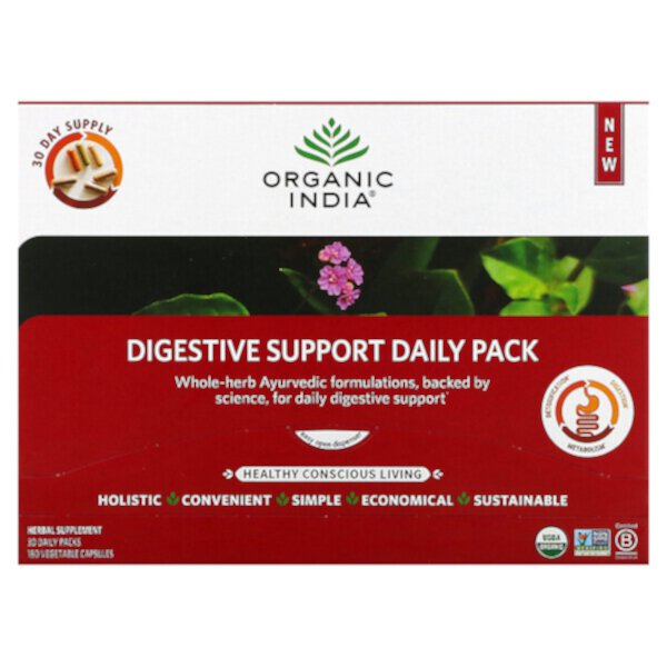Ежедневный пакет для поддержки пищеварения, 30 ежедневных пакетов, 180 растительных капсул Organic India