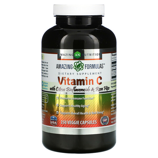 Витамин С с цитрусовыми биофлавоноидами и шиповником, 250 растительных капсул Amazing Nutrition