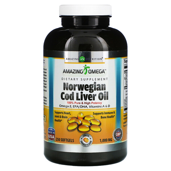 Норвежское рыбий жир, свежий апельсин - 1000 мг - 250 капсул - Amazing Nutrition Amazing Nutrition