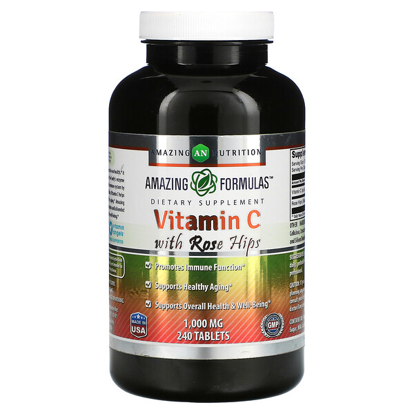 Витамин С с шиповником, 1000 мг, 240 таблеток Amazing Nutrition