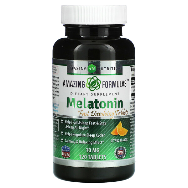 Мелатонин, цитрусовый, 10 мг, 120 таблеток Amazing Nutrition