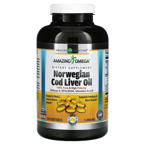 Норвежское рыбий жир, Лимон, 1000 мг, 250 мягких капсул - Amazing Nutrition Amazing Nutrition