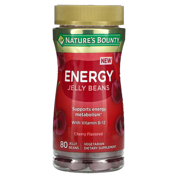 Energy Jelly Beans, с витамином B-12, вишня, 80 желейных бобов Nature's Bounty