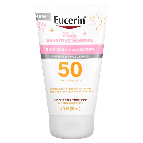 Baby, Минеральный солнцезащитный лосьон для чувствительной кожи, SPF 50, без запаха, 4 жидких унции (118 мл) Eucerin