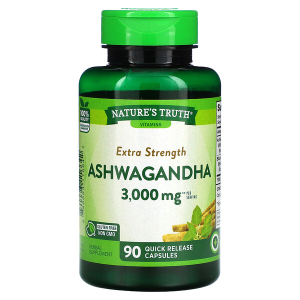 Ашваганда Extra Strength, 3000 мг, 90 капсул быстрого высвобождения (1500 мг на капсулу) Nature's Truth