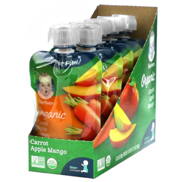 Smart Flow, Органическая морковь, яблоко, манго, 6 пакетиков по 3,5 унции (99 г) каждый GERBER