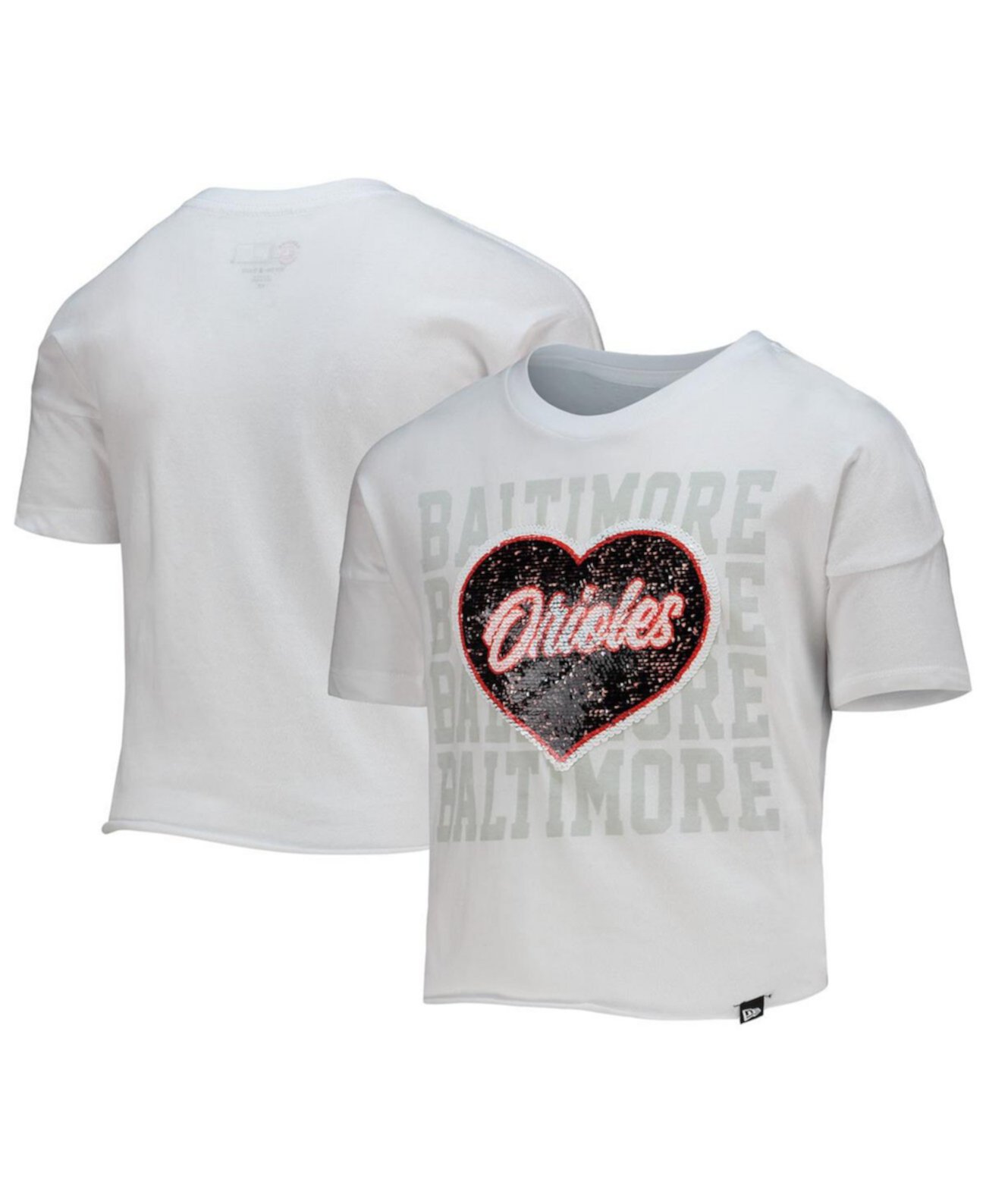 Белый укороченный топ Baltimore Orioles с откидной крышкой и пайетками в форме сердца для девочек New Era