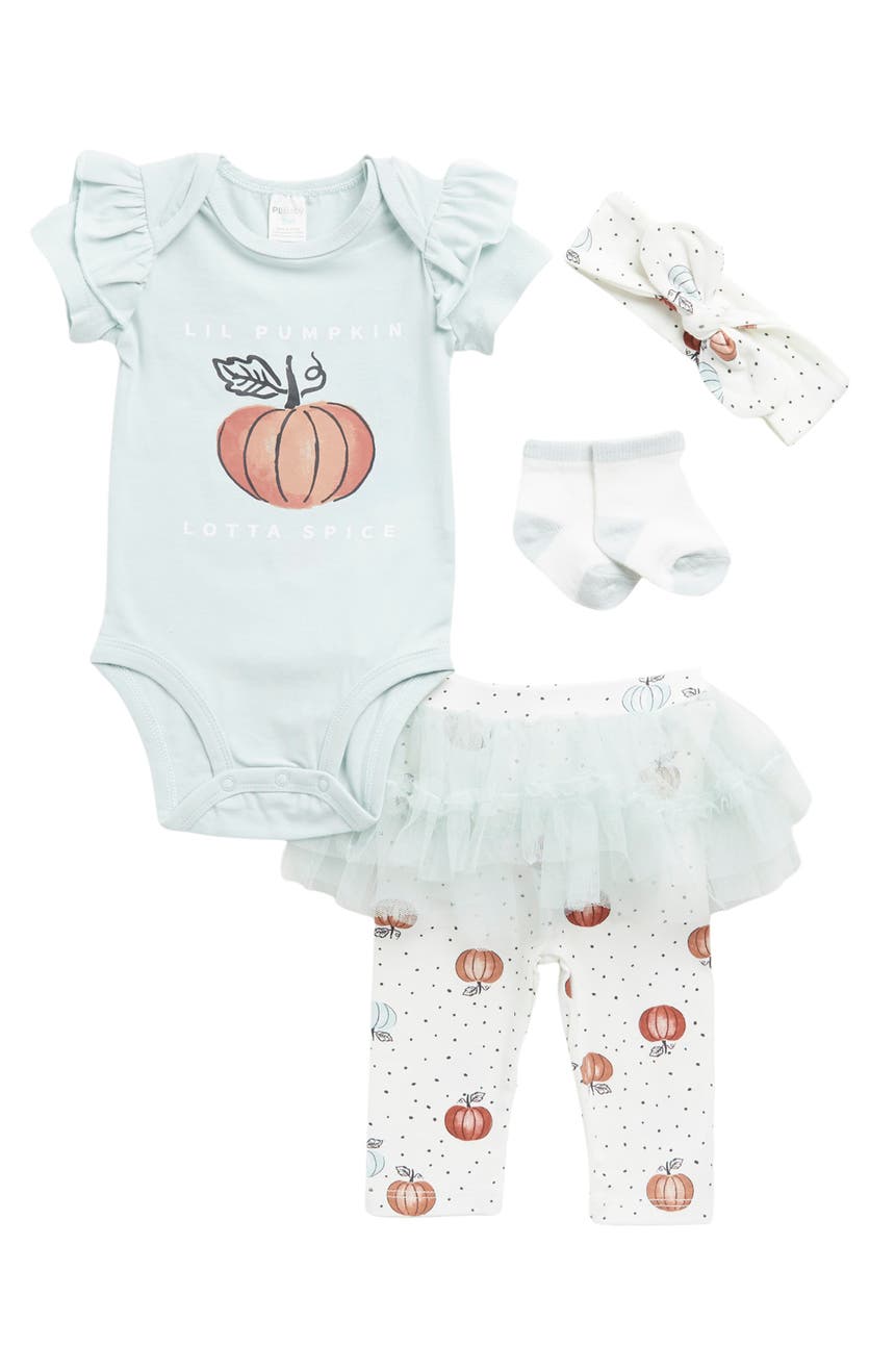 Lil Pumpkin Lotta Spice Print Diaper Shirt, Headband, Skeggings, & Socks 4-Piece Set Petit Lem