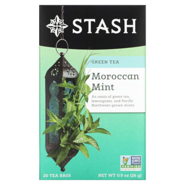 Зеленый чай, марокканская мята, 20 чайных пакетиков, 0,9 унции (26 г) Stash