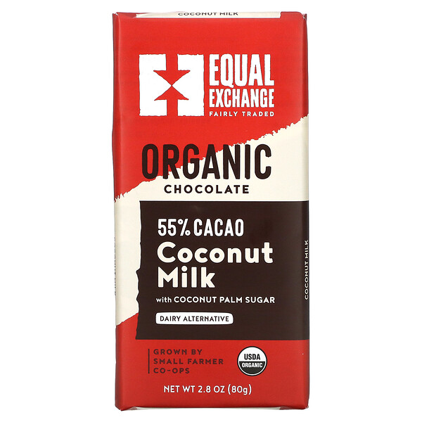 Органический кокосовый молочный шоколад, с кокосовым сахаром, 55% какао, 2,8 унции (80 г) Equal Exchange