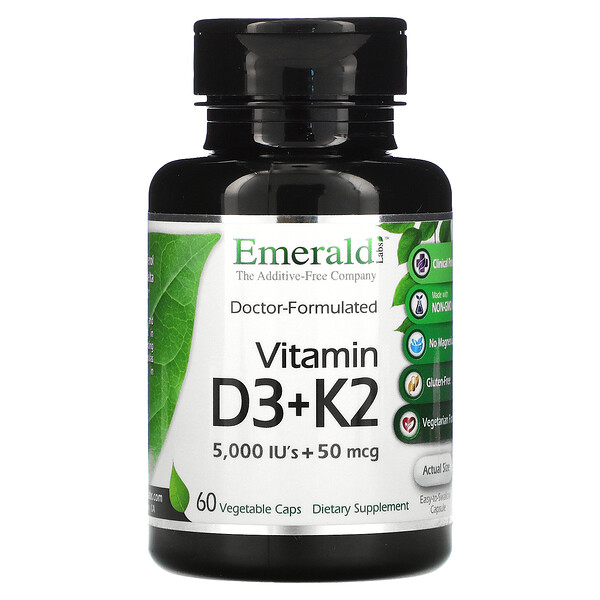 Витамин D3 + K2 - 5000МЕ + 50 мкг - 60 растительных капсул - Emerald Labs Emerald Labs