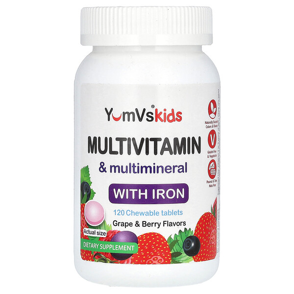 Мультивитамины и мультиминералы с железом, виноградом и ягодами, 120 жевательных таблеток Yum V's