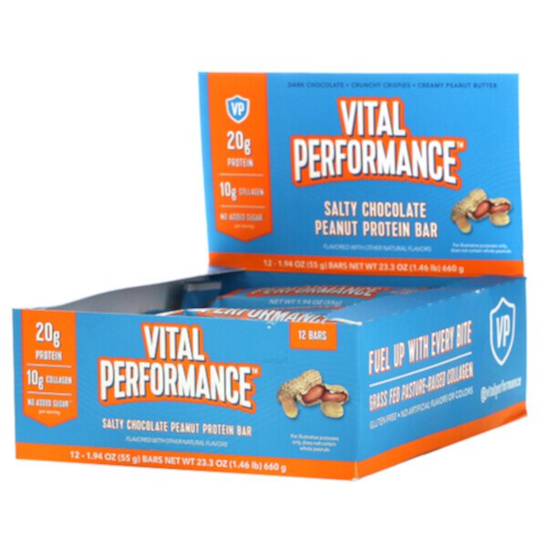 Vital Performance Protein Bar, Соленый шоколадный арахис, 12 батончиков, 1,94 унции (55 г) каждый VITAL PROTEINS