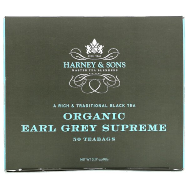 Богатый и традиционный черный чай, органический Earl Grey Supreme, 50 чайных пакетиков, 3,17 унции (90 г) Harney & Sons