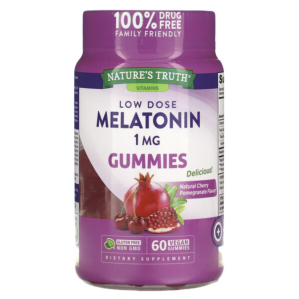 Мелатонин низкой дозировки, натуральные веганские жевательные конфеты со вкусом вишни и граната - 1 мг - 60 шт - Nature's Truth Nature's Truth