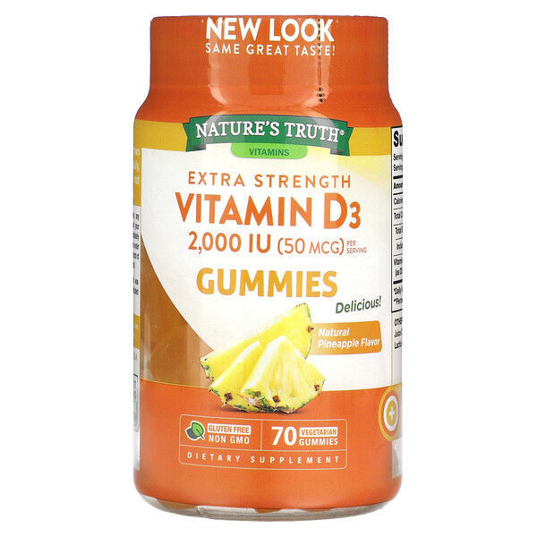 Extra Strength, витамин D3, натуральный ананас, 50 мкг (2000 МЕ), 70 вегетарианских жевательных таблеток Nature's Truth